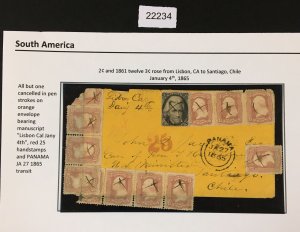 MOMEN: US STAMPS # 73 #65 (12) ON COVER USED TO CHILE LOT #22234