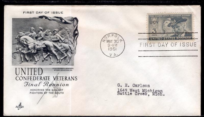 US 998 Confederate Veterans Artcraft Typed FDC