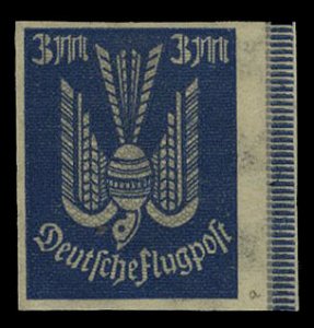 Germany, Air Post #C10var, 1922 3m dark blue, fantail (imperf at right) trimm...