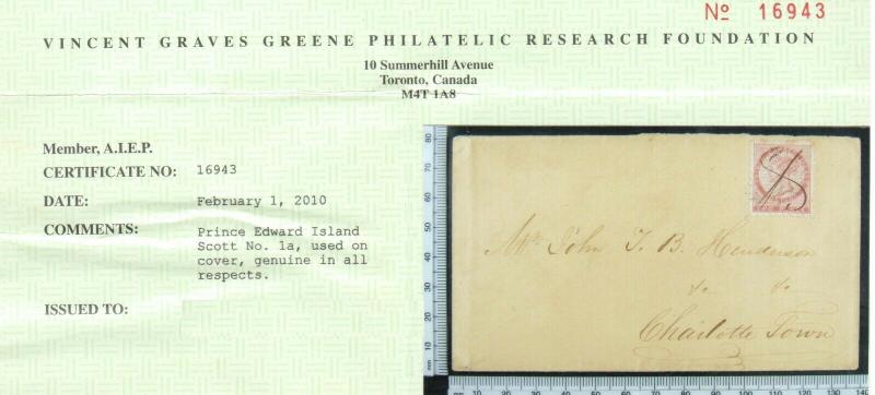 Prince Edward Island #1 Very Fine Used On Cover To Charlottetown *With Cert.*