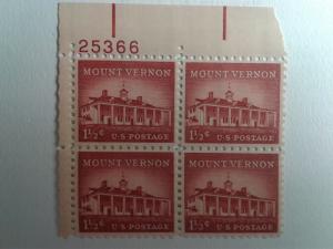 SCOTT # 1032 PLATE BLOCK GEM MOUNT VERNON  1958