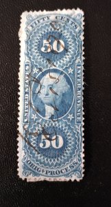 US #R60 Used 50c Original Process Revenue Stamp Blue F-VF 1872
