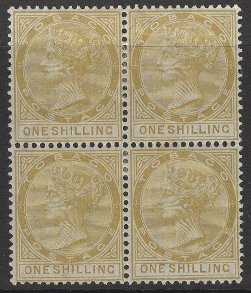 TOBAGO SG12 1880 1/= YELLOW-OCHRE MTD MINT BLOCK OF 4 STAINED ON REVERSE