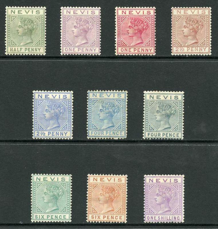 Nevis SG25/34 1882 Set of 10 Wmk Crown CA M/Mint (hinge remainders)