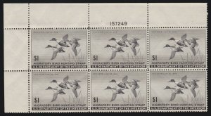 US RW12 $1 Duck Hunting Permit of 1945 Mint Plate Block of 6 XF OG NH SCV $600