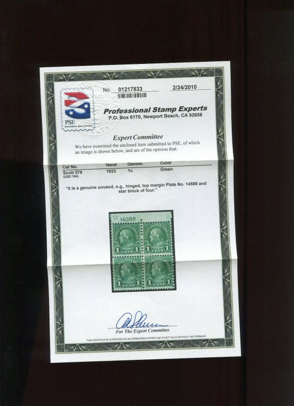 Scott 578 Franklin Coil Waste Mint  Plate Block of 4 Stamps w/PSE Cert (578-pb2)