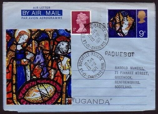 GB USED IN FRANCE 1969 9d airletter La Rochelle Paquebot - SS Uganda.......31031