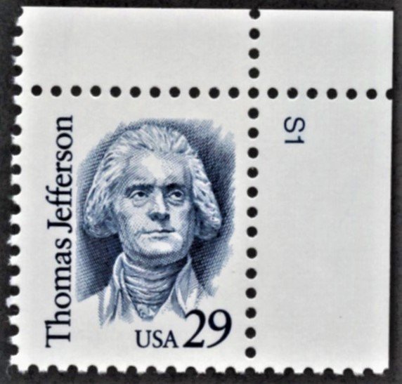 US 2185 MNH VF 29 Cent Thomas Jefferson 3rd President Plate # Single