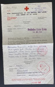 1942 Palestine Red Cross Letter Inquiry cover To Düsseldorf Germany Moritz Sall