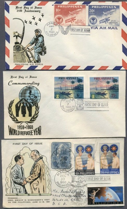 PHILIPPINES: Three 1960 FIRST DAY Covers; Air Force, Refugee Year, Eisenhower