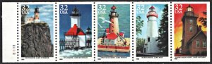 SC#2973a 32¢ Great Lakes Lighthouses Booklet Pane of Five with Tab (1995) MNH