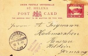 1897, St. Helena to Holstein, Germany, 1c Postal Card (12389)