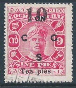 India-Feudatory States-Cochin #O26 Used 9p Sri Rama Varma II Ovptd. For Offic...