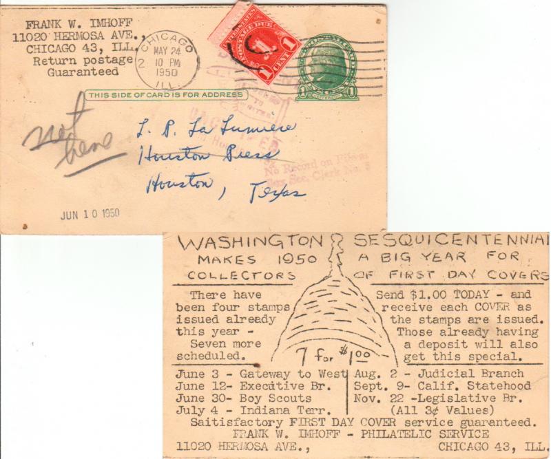 United States Texas Unclaimed from Houston, Tex. 1950 violet sl with Returned...