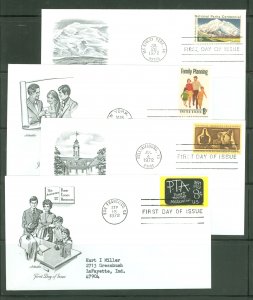 US 1454-56/1463 1972 4 addressed FDCs with artmaster cachets; Mount McKinley, Family Planning, Colonial American Craftsmen, PTA