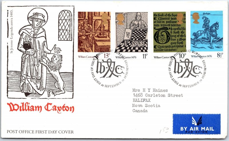 GREAT BRITAIN FIRST DAY COVER HISTORICAL WILLIAM CAXTON SET OF (4) EDINBURGH '76