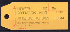 GB = (1994) ROYAL MAIL `Bag Tag` MANCHESTER to GATWICK. Unusual. (01.16)