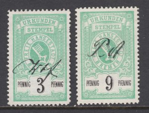 Germany, Bremen, 1885 Documentary fiscals, 2pf & 9pf values, used, sound, F-VF