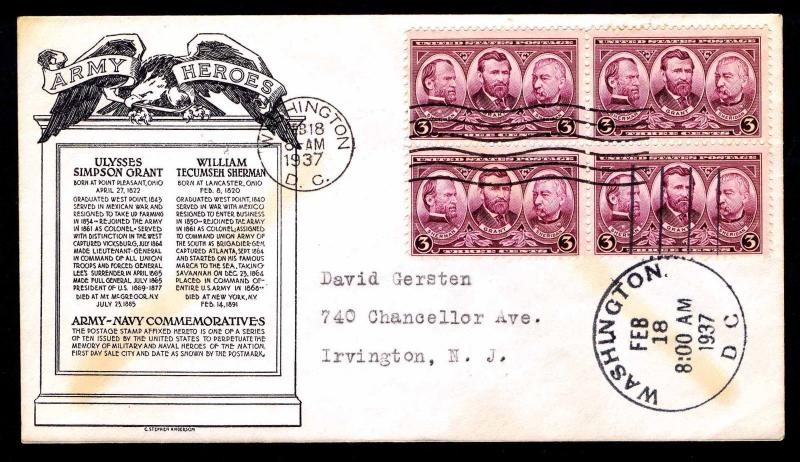 1937 US.#787 ARMY HEROES - FIRST DAY COVER - SHERMAN/GRANT/SHERIDAN (ESP#3652) 
