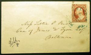 3c Orange Brown 1851-57 Philadelphia to Baltimore Cover