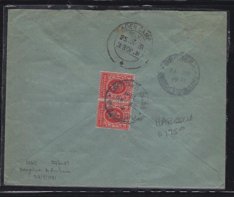 SOMALILAND COVER (P0312B) 1931  KGV  1AX2   TO ADEN