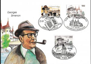 Belgium France Switzerland 1994 Joint Issue George Simenon Maxi-Card FDC