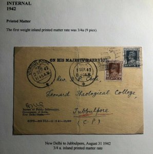 1942 New Delhi India On His Majesty Service Official Postcard Cover To Jubbulpor