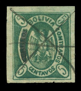 BOLIVIA 1867  CONDOR  5c blue green - thin paper   Scott # 1 used VF-XF