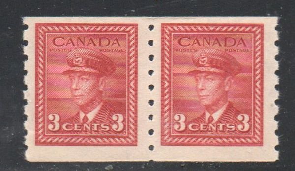 Canada Sc  265 1942 3 c G VI dark carmine war issue coil stamp pair mint NH