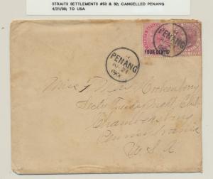 STRAITS SETTLEMENTS 1900 COVER- PENANG CDS TO USA 4c+12c RATED (SEE BELOW)