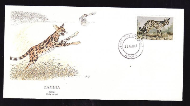 Flora & Fauna of the World #144c-stamp on FDC-Animals-Serval-Zambia-single stamp