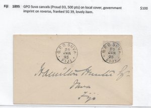 1895 Suva to Suva, Fiji Local Cover, Govt Imprint on reverse (Proud D3 (56445)