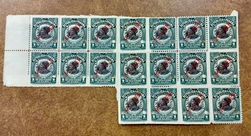CANAL ZONE #31 S A side margin large Block of 18 with  RED SPECIMEN OVERPRINT