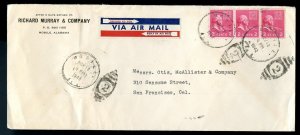 U.S. Scott 806 (3) Prexies on 1942 Alabama Air Mail Letter 