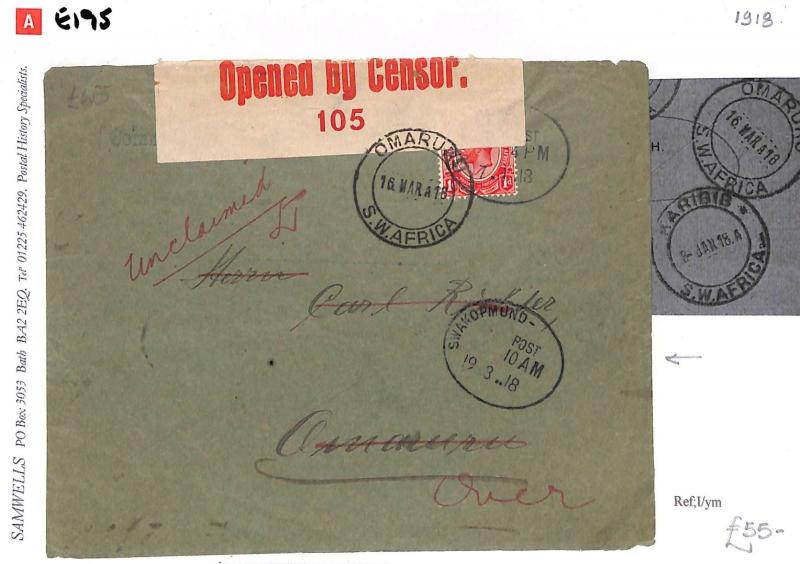 E195 1918 (WW1) South West Africa - Opened by Censor '105'