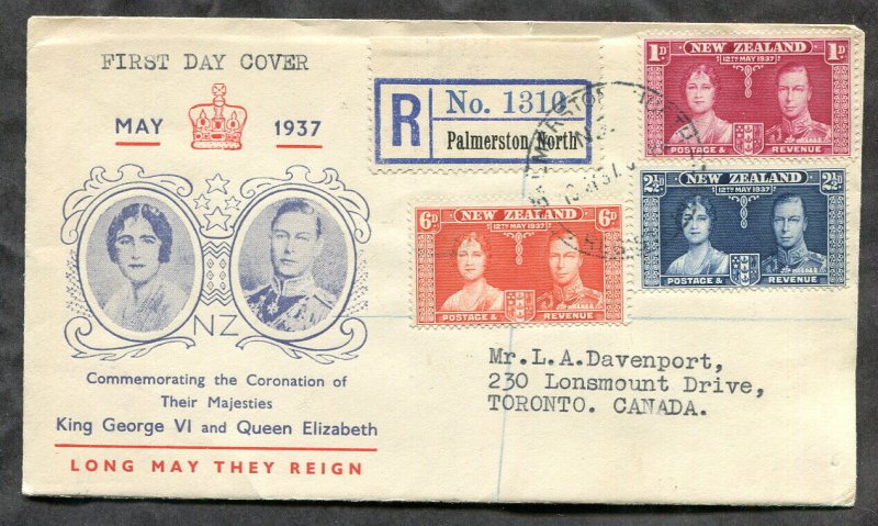 p246- NEW ZEALAND Palmerston 1937 KGVI Coronation FDC Registered Cover to Canada