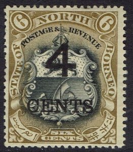 NORTH BORNEO 1899 LARGE 4C OVERPRINTED ARMS 6C PERF 14.5- 15