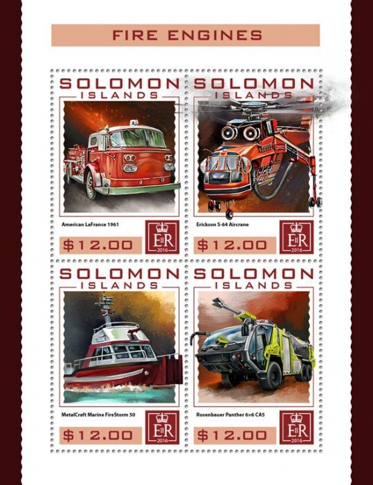 SOLOMON IS. - 2016 - Fire Engines - Perf 4v Sheet - Mint Never Hinged