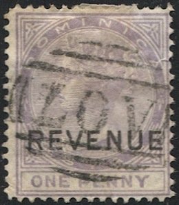 DOMINICA 1877 Sc 5 Used VF, REVENUE Ovpt, A07 (Roseau) cancel