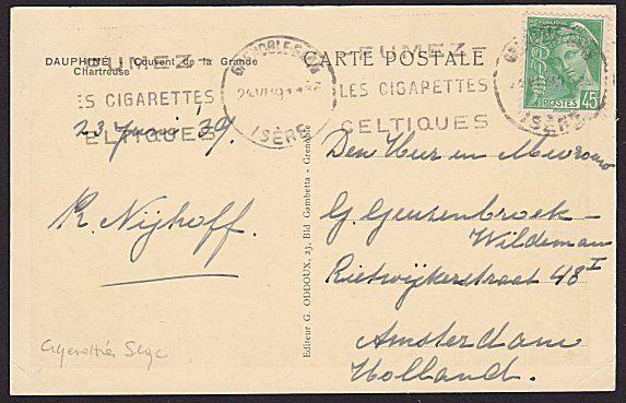 FRANCE 1949 postcard ex Grenoble - Cigarettes slogan cancel.................6648