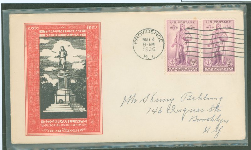 US 777 1936 3c Rhode Island Tercentenary Roger Williams pair on an addressed FDC with a Leon Manoukian Mutual stamp cachet