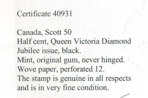 Canada #50 Very Fine Never Hinged **With Certificate**