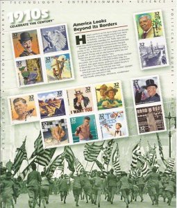 US Stamp - 1998 32c Celebrate the Century 1910s - 15 Stamp Sheet #3183