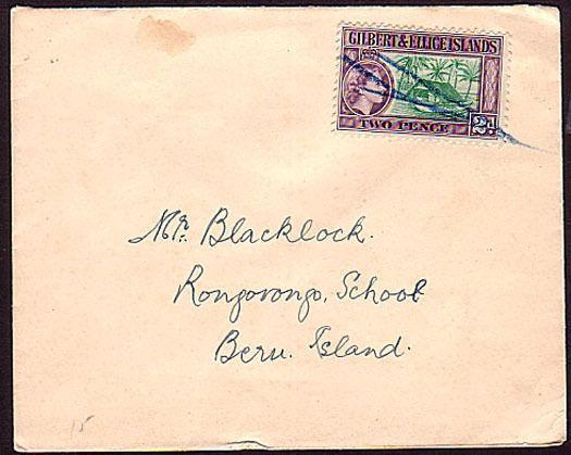 GILBERT & ELLICE IS 1950s local cover to Beru with Manuscript cancel