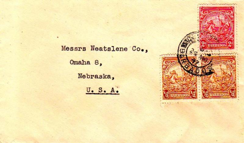 Barbados 1/2d (2) and 2d Seal of the Colony 1947 to Omaha, Nebr.  Cancel unre...