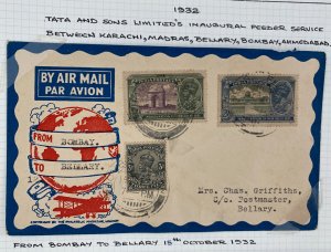 1932 Bombay India First Flight Airmail Cover  FFC to Bellary Tata Sons Ltd