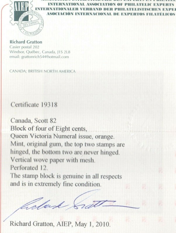 Canada #82 Mint Superb Block **With Certificate**