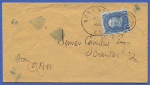 US 1867 Sc 68 1c Franklin Used E Grill on cover, Scranton, PA, cv $550