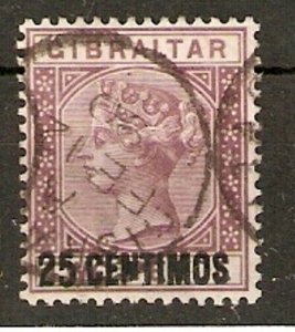 GIBRALTAR SG17b 1889 25c on 2d BROWN-PURPLE BROKEN N VARIETY USED