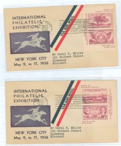 US 778a-d 1936 two halves of the third international philatelic exhibition, tipex souvenir sheets on two addressed, typed fdcs,